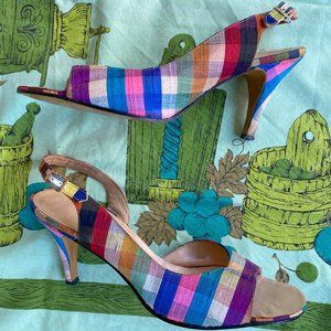 Vintage 1950s 1960s Spring Rainbow Plaid Silk Palter DeLiso Sandals Size US 9M